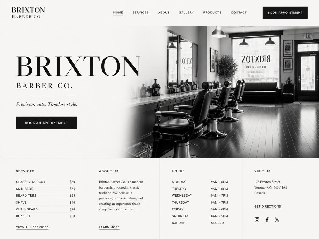 Concept redesign: modern editorial barber shop website with booking button