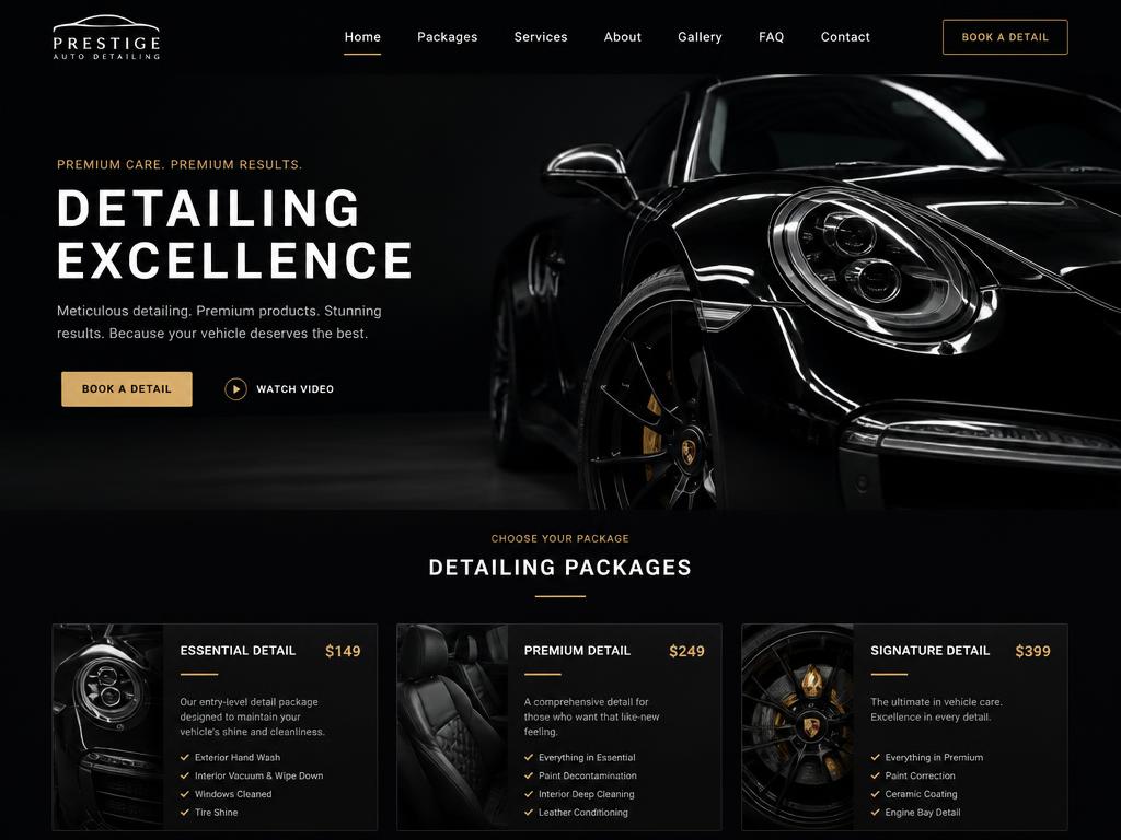 Concept redesign: premium dark auto detailing website with booking call-to-action