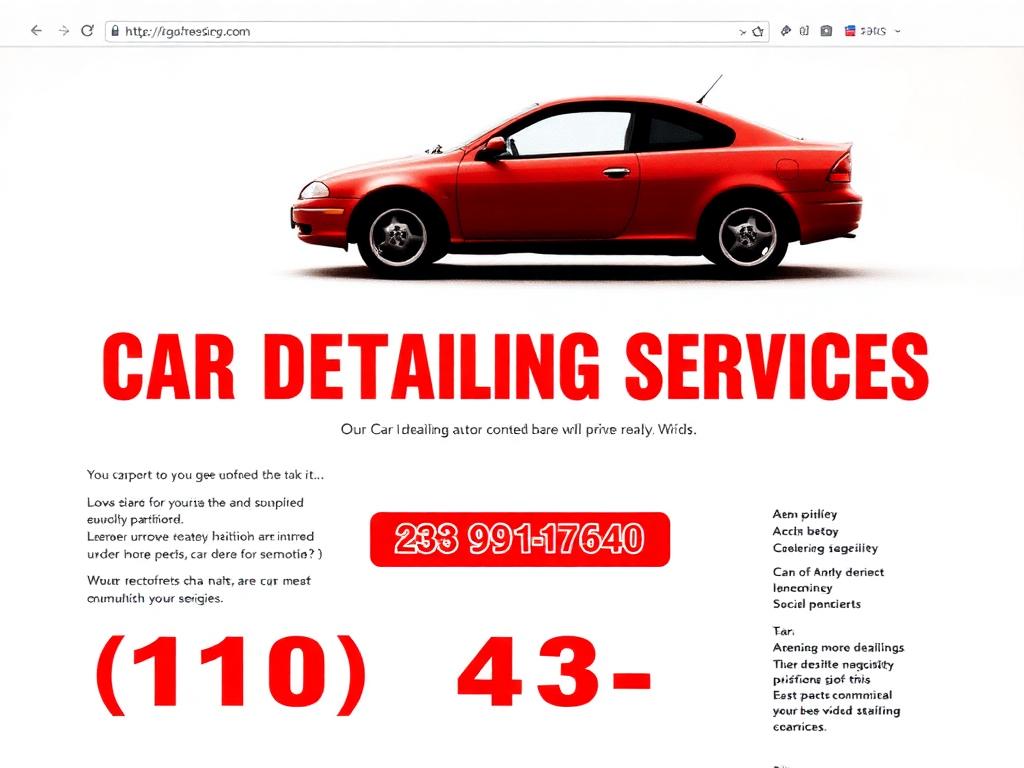 Concept: basic outdated auto detailing website with red Arial text