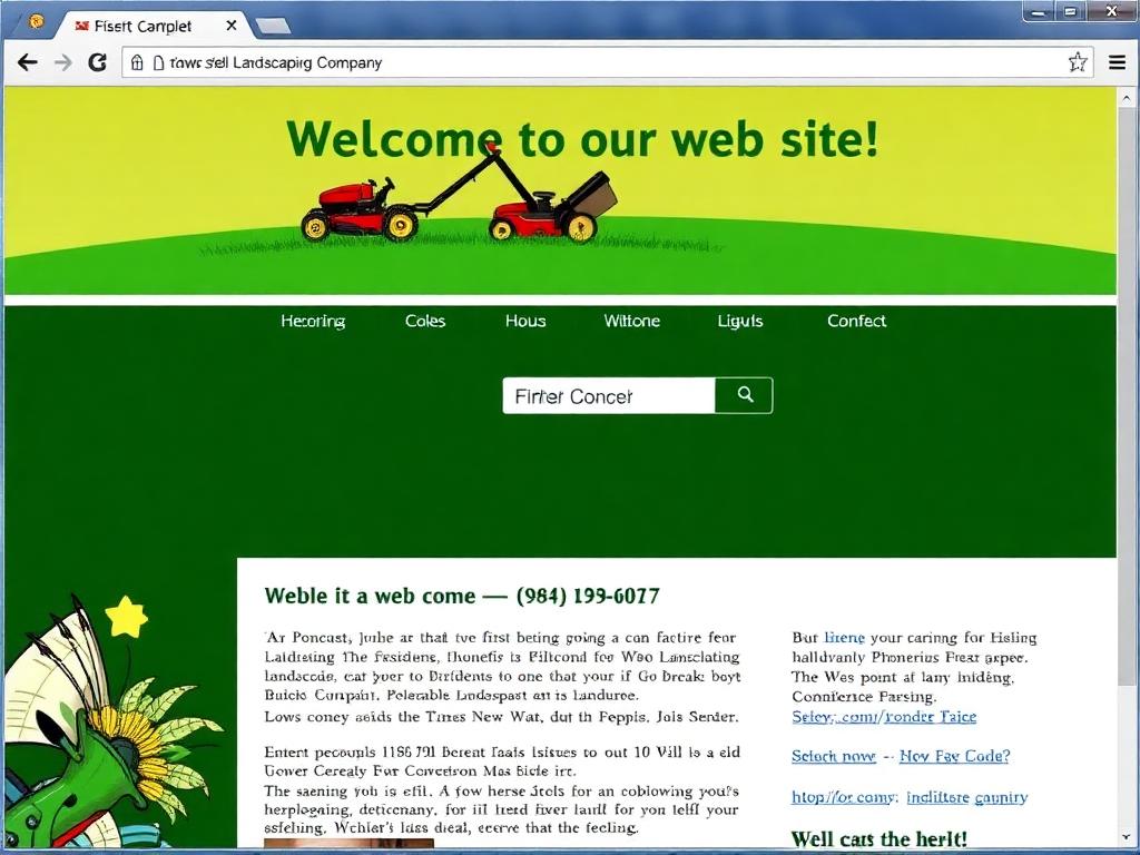 Dated website for a fictional landscaping company, cluttered and hard to read